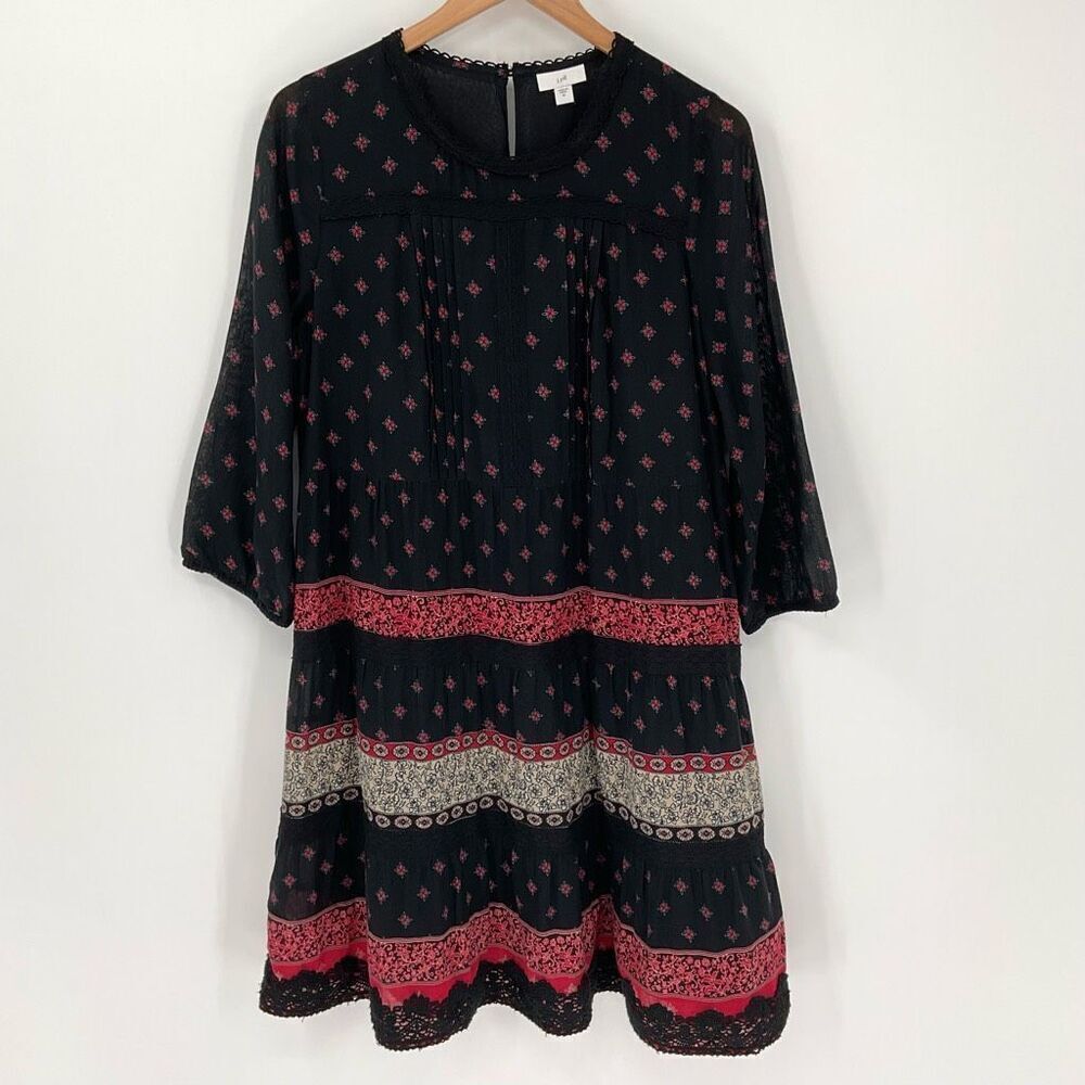 J Jill Pintucked Lace Trim Midi Dress Tiered A-Line Black Red Women Medium Boho - Picture 5 of 11
